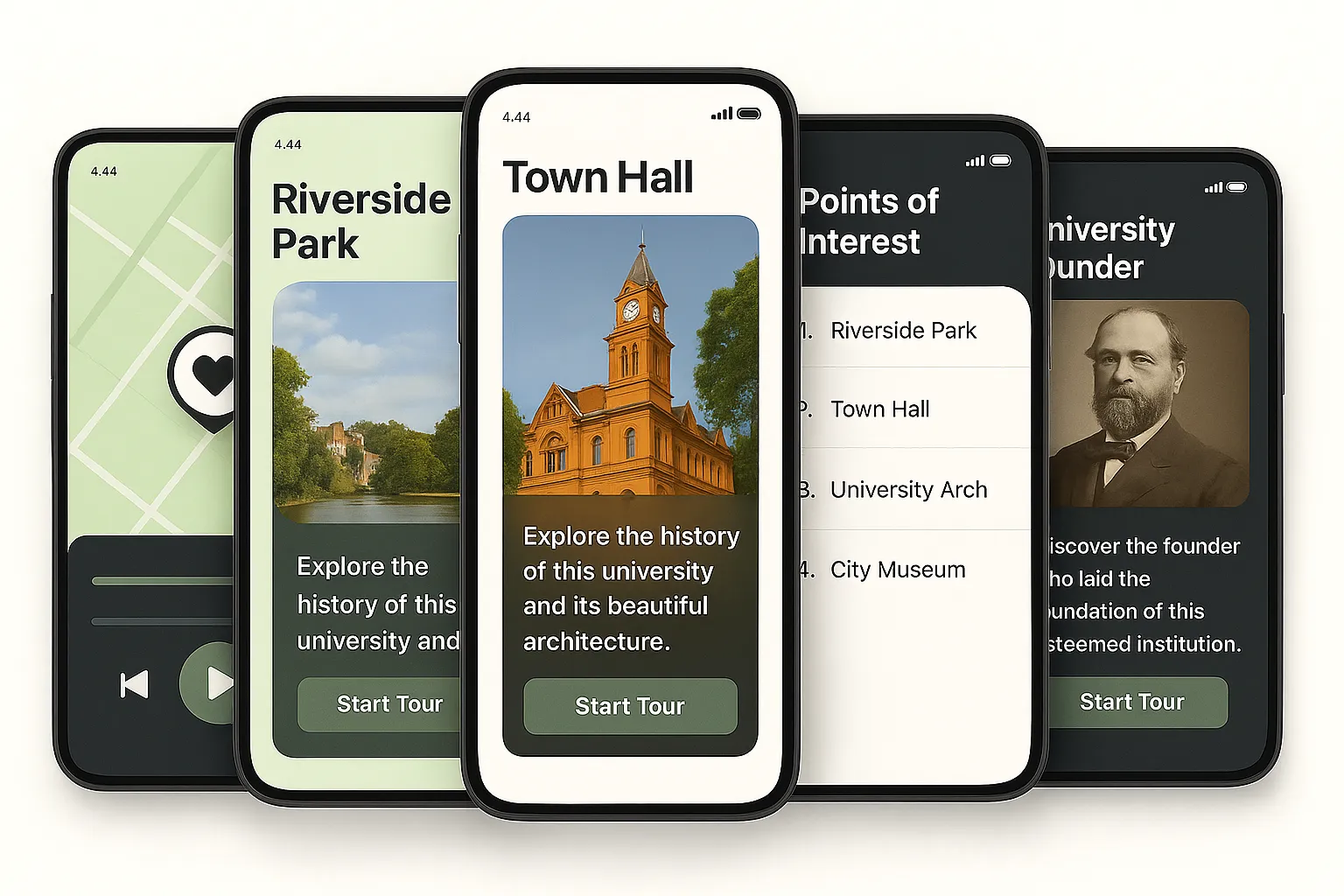 Visitour app interface displaying interactive map with walking tour points of interest and storytelling features